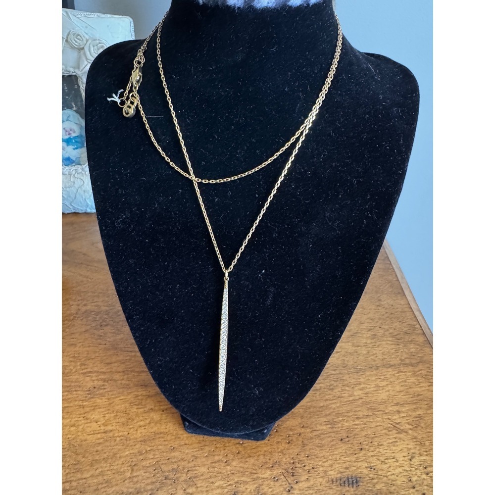 Michael Kors‎ Gold Tone Pave Crystal Vertical Bar Pendant Necklace MK Logo Charm